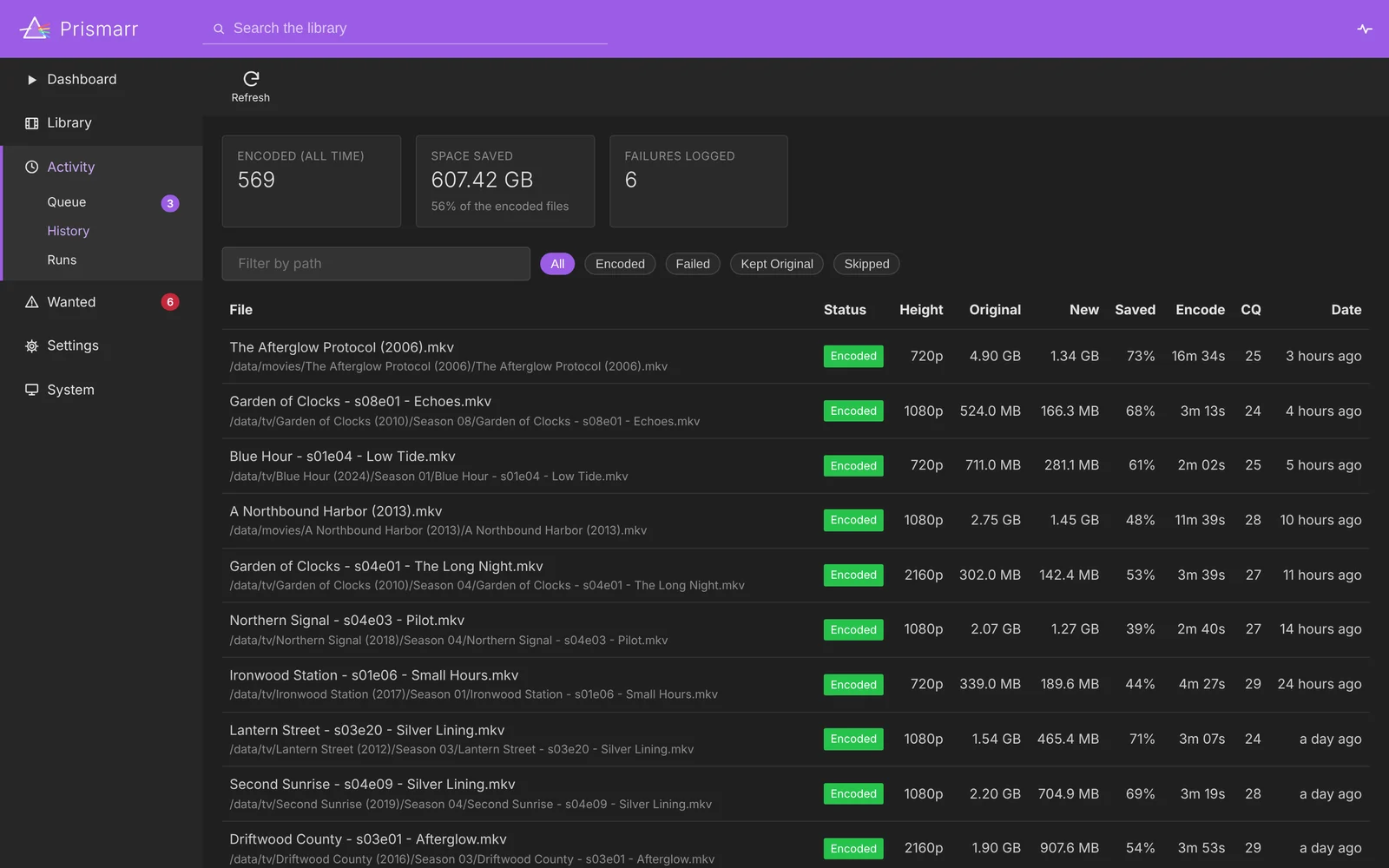 Activity history showing 569 files encoded and 607.42 GB saved in total, above a table of encoded files with resolution, original and new size, percentage saved, encode time and quality value.