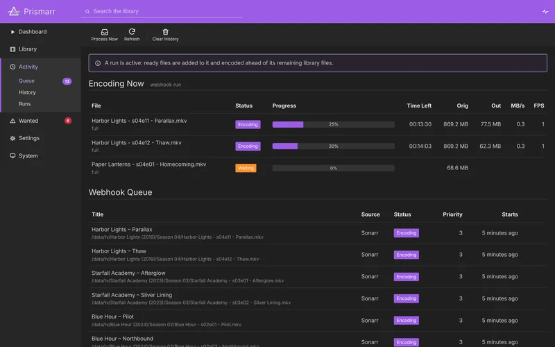 Activity queue during a run: three files under Encoding Now, and a Webhook Queue of episodes sent by Sonarr with their status, priority and start time.