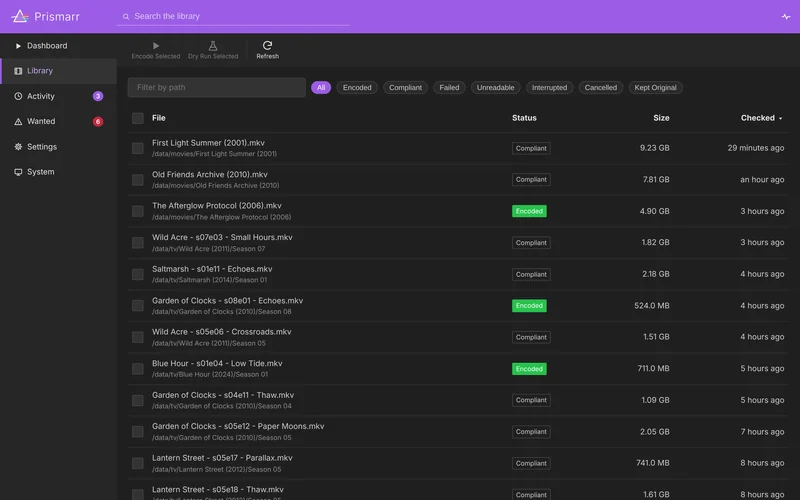 Library page listing movies and episodes with their path, a Compliant or Encoded status, size and when each was last checked, with status filter chips along the top.