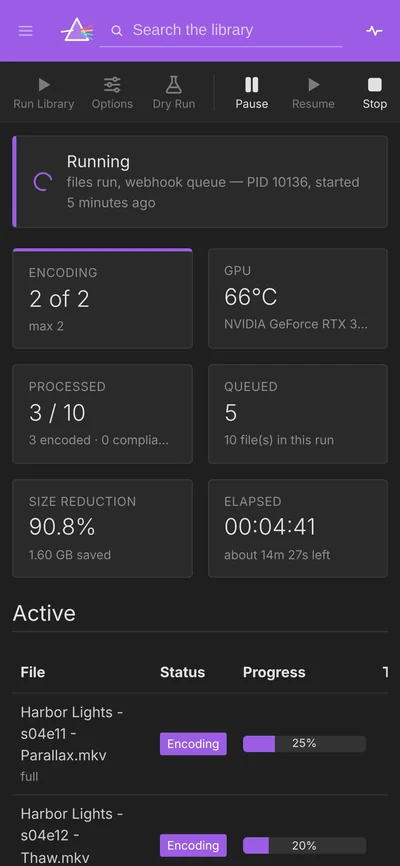 The same dashboard on a phone screen: the running status, stat cards stacked two across, and the active encodes underneath.