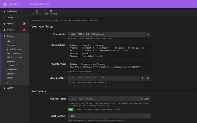 Connect settings: the webhook URL with a copy button, setup steps for Sonarr and Radarr and for Plex, a masked URL with the API key, and the webhook secret and delay fields.