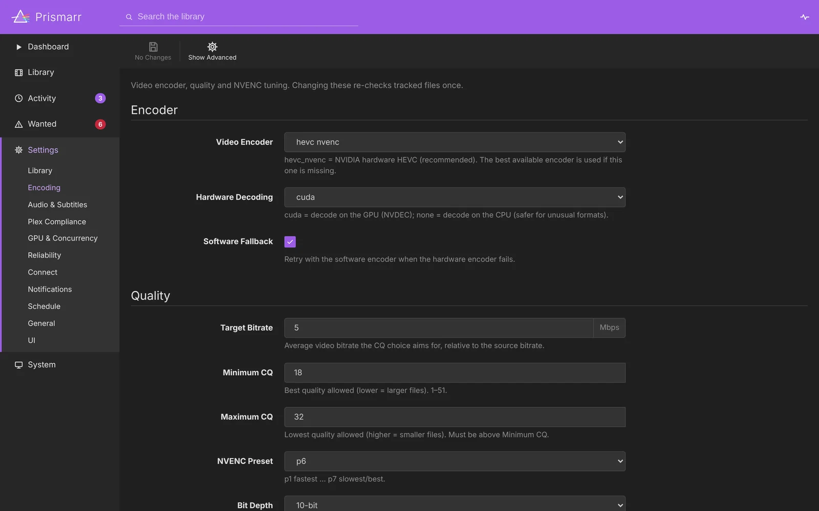Encoding settings: the video encoder set to hevc_nvenc, CUDA hardware decoding, software fallback switched on, and quality options for target bitrate, minimum and maximum CQ, NVENC preset and bit depth.