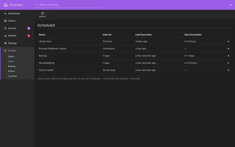 System tasks: a library run every 12 hours, continuous webhook queue processing, a weekly backup, daily housekeeping and a health check every 30 seconds, each with its last and next run time.